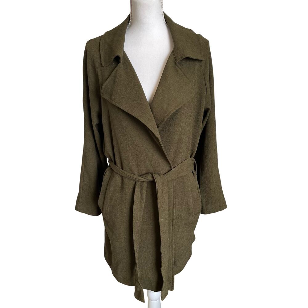 Sophie Rue Trench Jacket Coat Large Green Belted Knit Soft Classic Lightweight